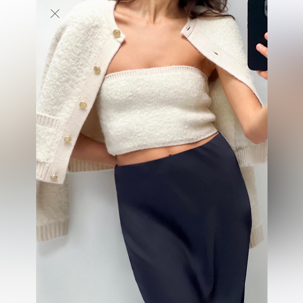 Zara BOUCLE knit cardigan sweater and bandeau set small ecru fuzzy teddy gold - Picture 3 of 13